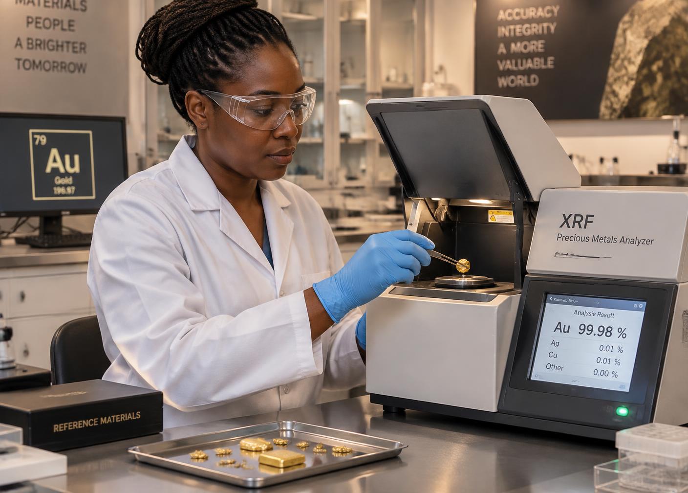 Laboratory technician running a gold assay purity test on an analyser