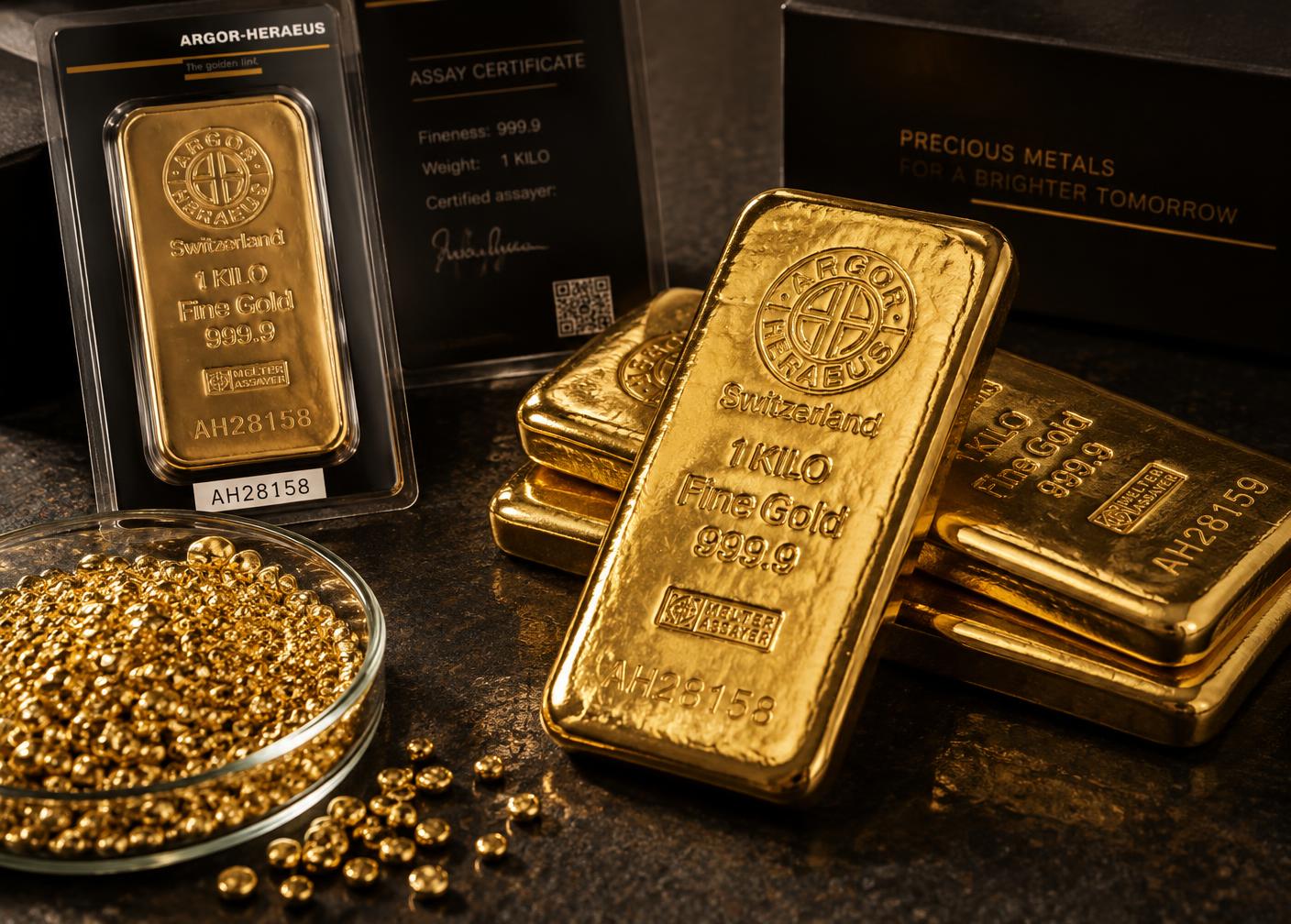 Refined gold bars and granules with an assay certificate