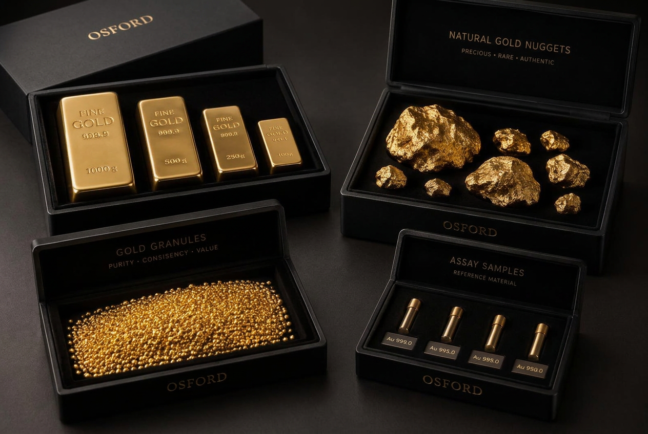 Separate presentation boxes holding refined gold bars, natural nuggets, granules and assay samples