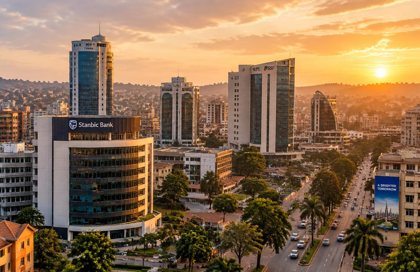 Kampala city skyline at golden hour