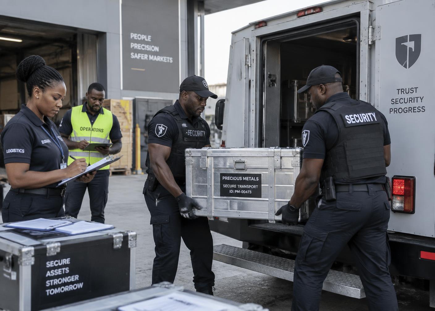 Logistics and security team loading a sealed precious-metals case into a secure vehicle