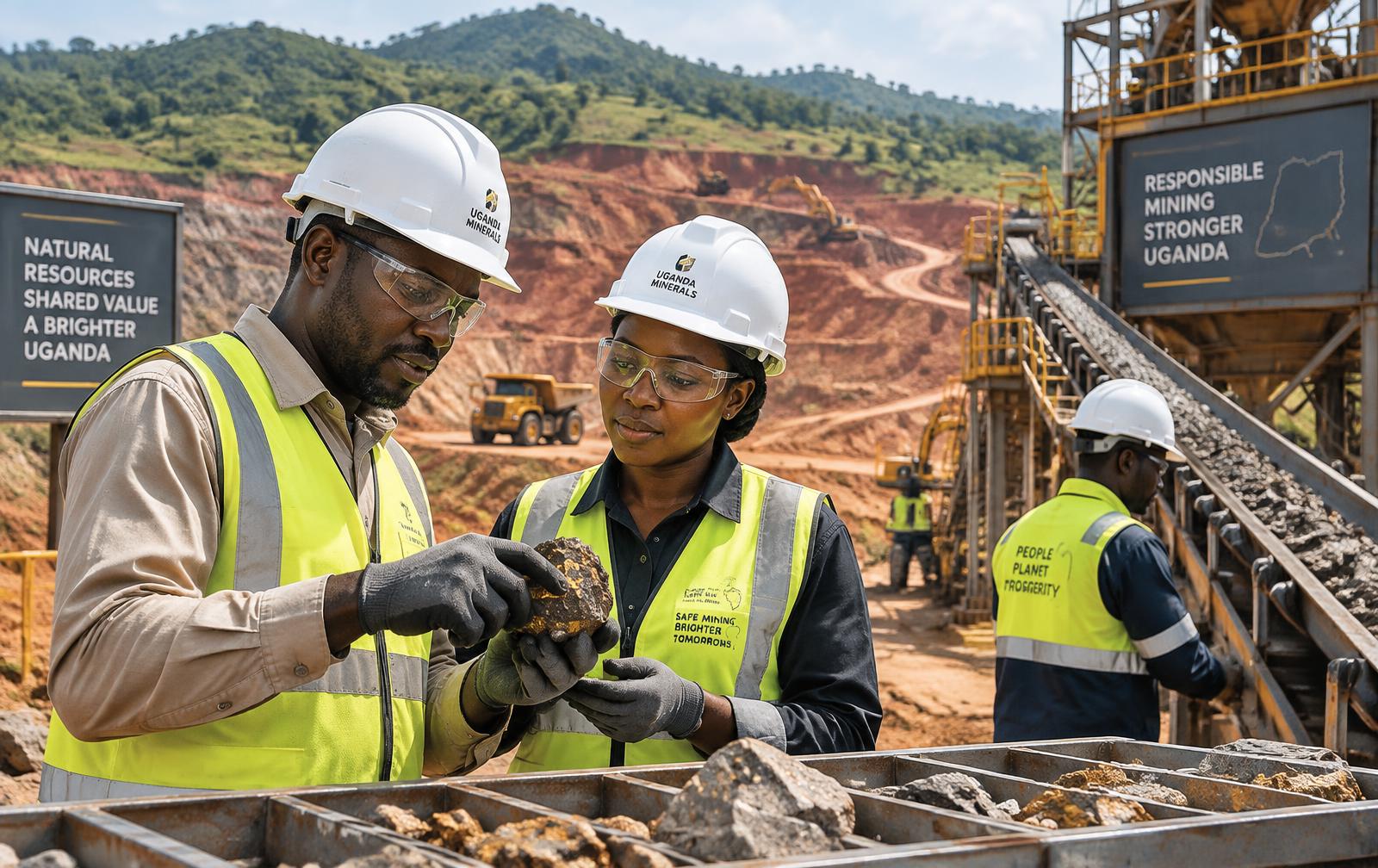 Mining professionals in safety equipment inspecting ore samples at a regulated Ugandan mining site