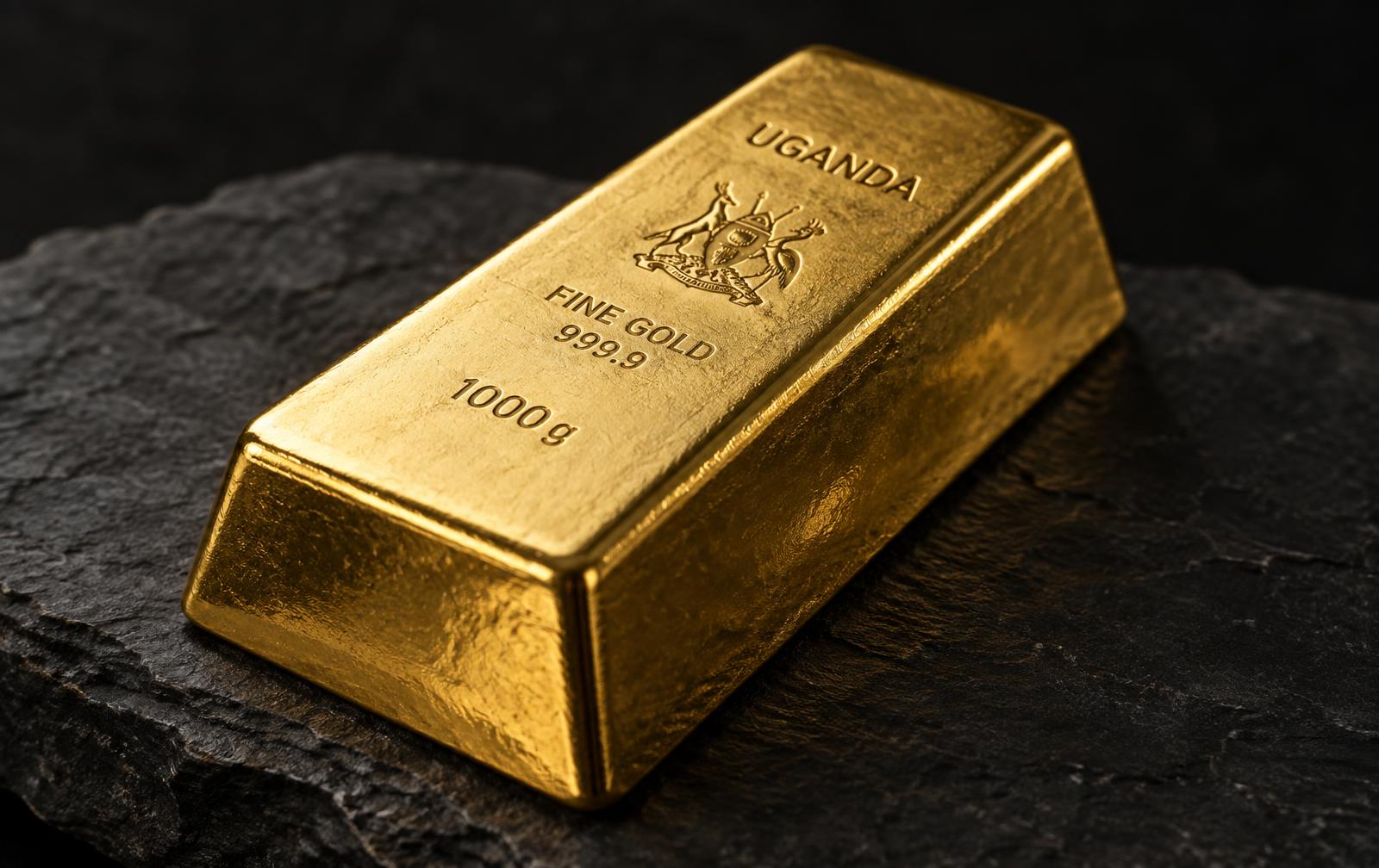A refined cast gold bar stamped Uganda, fine gold 999.9, resting on dark slate